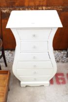 A WHITE BOMBAY STYLE CHEST OF SIX DRAWERS, 16" WIDE