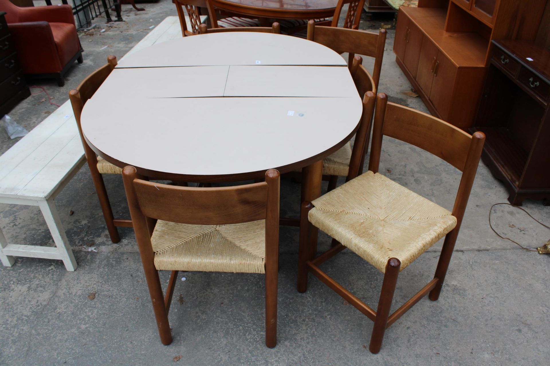 A CHARLOTTE PERRIAND STYLE DINING TABLE 43" DIAMETER (LEAF14") AND SIX MERIBEL STYLE DINING CHAIRS - Image 2 of 3