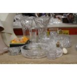 A QUANTITY OF HEAVY CUT GLASS TO INCLUDE VASES, BOWLS, JUGS, A PERFUME ATOMISER, BELL, ETC