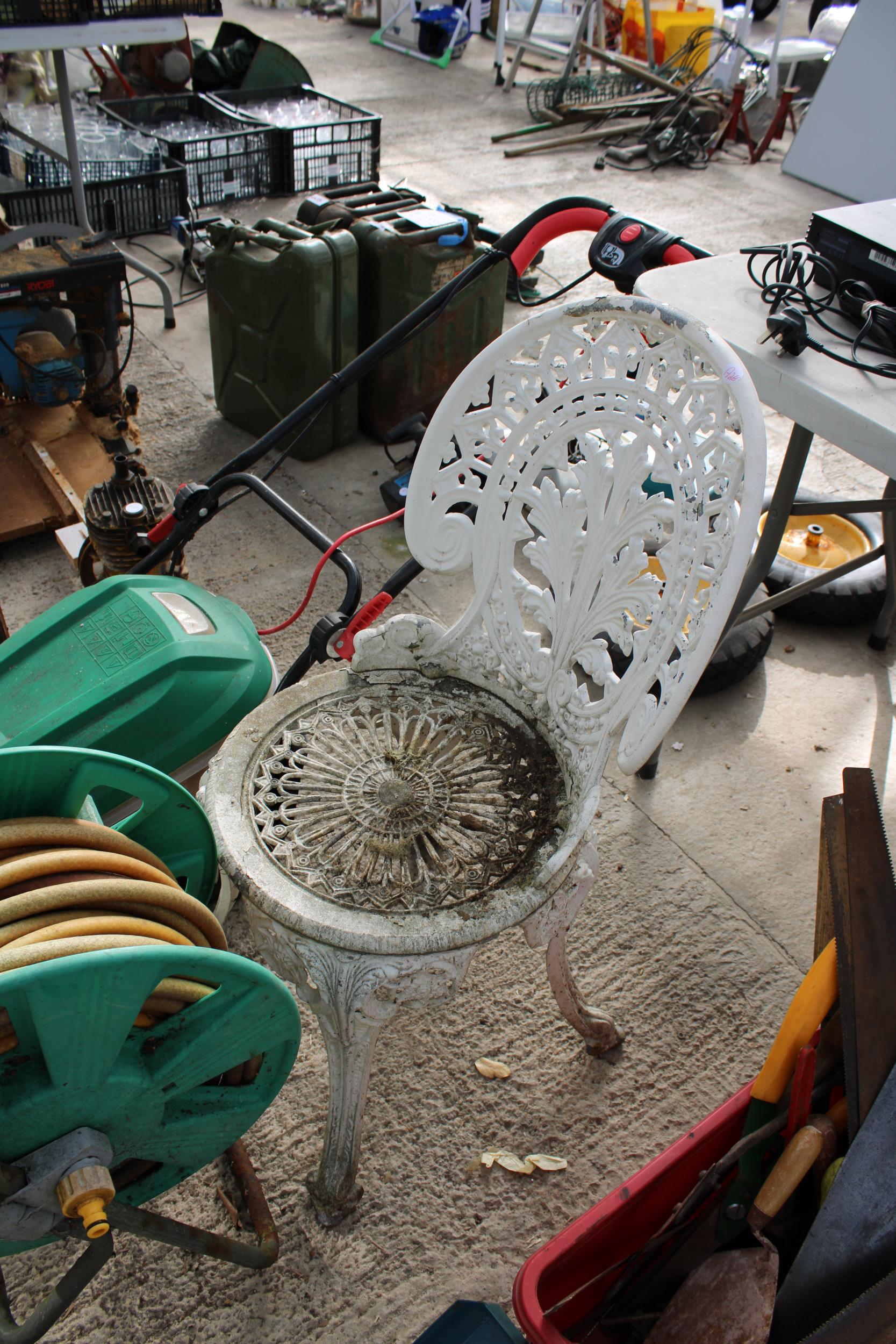 A CAST ALLOY BISTRO CHAIR, A QUALCAST ELECTRIC LAWN MOWER AND A HOSE REEL WITH HOSE - Image 2 of 3