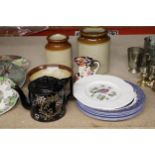 A QUANTITY OF CERAMICS TO INCLUDE A VINTAGE BLACK TEAPOT, STONEWARE JARS AND A BOWL, A MASON'S '