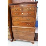 A 19TH CENTURY MAHOGANY AND INLAID CHEST ON CHEST WITH FOLD DOWN FLAP BEING TWO SHAM DRAWERS AND