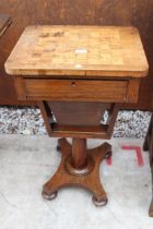 A VICTORIAN SEWING TABLE WITH SINGLE DRAWER, PULL OUT STORAGE SECTION AND GAMES TOP, 18" X 15"