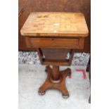 A VICTORIAN SEWING TABLE WITH SINGLE DRAWER, PULL OUT STORAGE SECTION AND GAMES TOP, 18" X 15"
