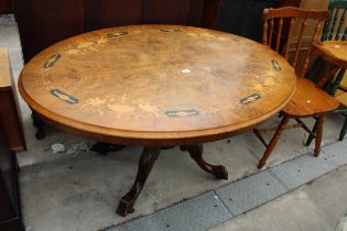 A VICTORIAN WALNUT AND INLAID OVAL TILT TOP LOO TABLE, 52" X 37"