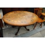 A VICTORIAN WALNUT AND INLAID OVAL TILT TOP LOO TABLE, 52" X 37"