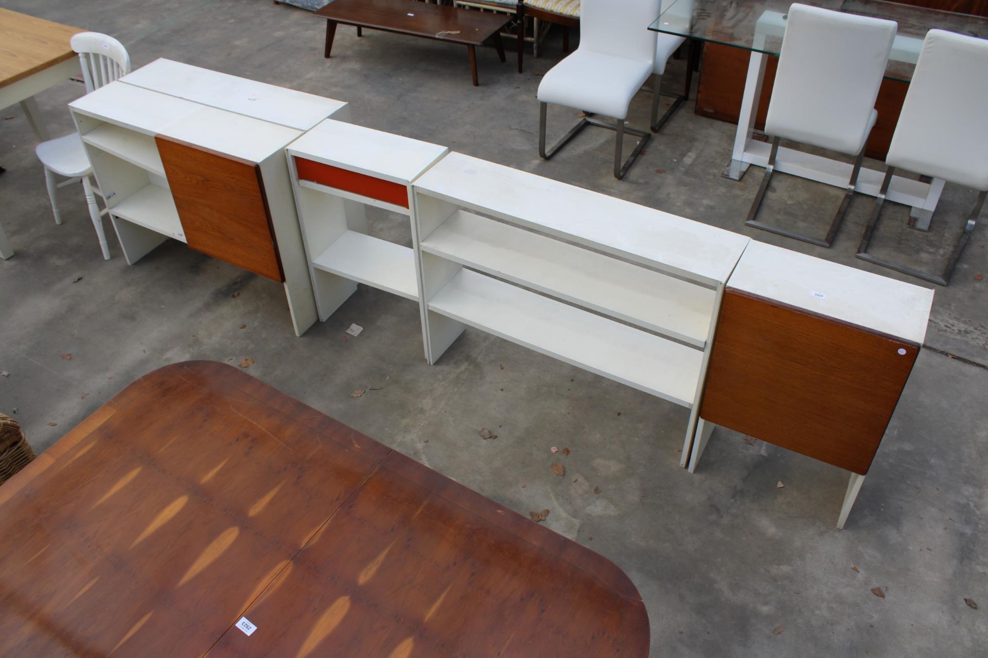 FIVE VARIOUS WHITE STORAGE SHELVES, TWO WITH TEAK DOORS