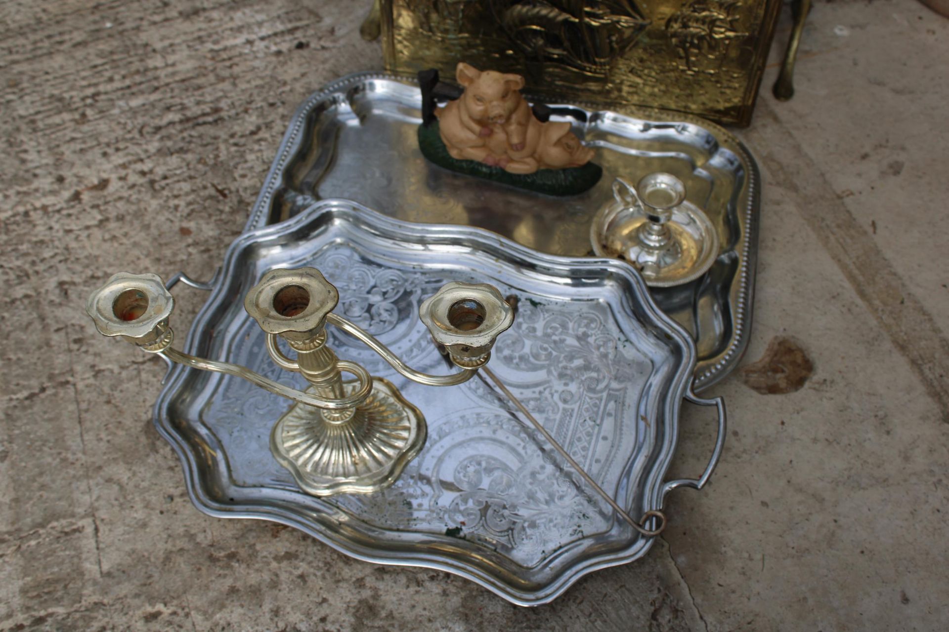 AN ASSORTMENT OF ITEMS TO INCLUDE A BRASS FIRE SCREEN, SILVER PLATED CANDLE STICKS AND A CAST PIG - Image 2 of 3