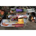 AN ASSORTMENT OF ITEMS TO INCLUDE RIBBON, ARTIFICIAL FLOWERS AND A METAL PLANT STAND ETC