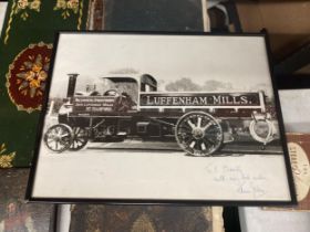 A STEAM WAGON FRAMED PHOTOGRAPHIC PRINT - SIGNED TO C.CHAVITY WITH BEST WISHES