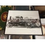 A STEAM WAGON FRAMED PHOTOGRAPHIC PRINT - SIGNED TO C.CHAVITY WITH BEST WISHES