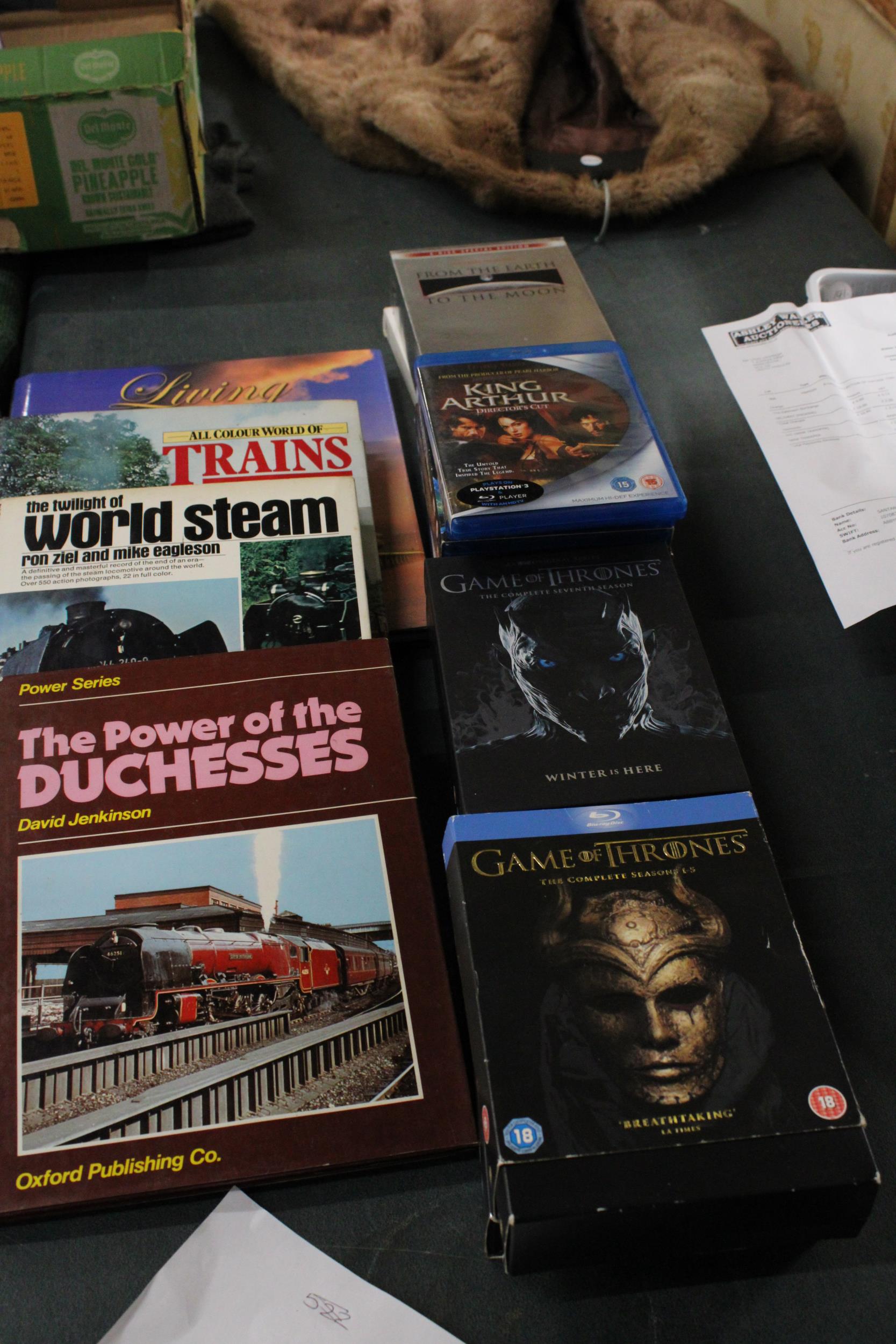 A QUANTITY OF BLU-RAYS, TO INCLUDE GAME OF THRONES TOGETHER WITH FOUR HARDBACK RAILWAY BOOKS