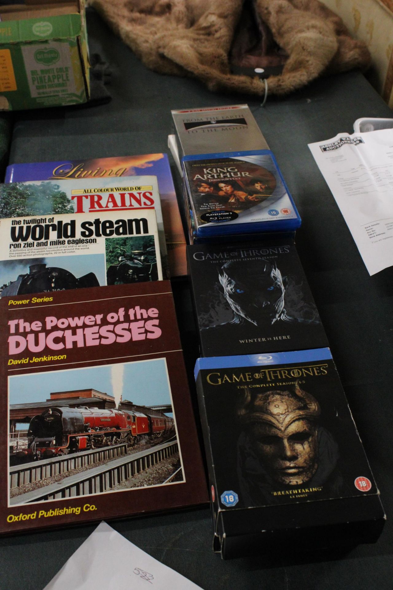 A QUANTITY OF BLU-RAYS, TO INCLUDE GAME OF THRONES TOGETHER WITH FOUR HARDBACK RAILWAY BOOKS