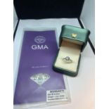 A MARKED 925 RING WITH A ONE CARAT MOISSANITE SIZE O COMPLETE WITH GMA MOISSANITE REPORT IN A