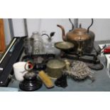 A LARGE MIXED LOT TO INCLUDE A COPPER KETTLE, CAST SCALES, A DOORSTOP, ANIMALS, A BRASS TAP,