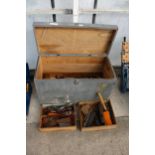 A LARGE WOODEN TOOL CHEST WITH A LARGE ASSORTMENT OF HAND TOOLS TO INCLUDE WOOD PLANES, CHISELS