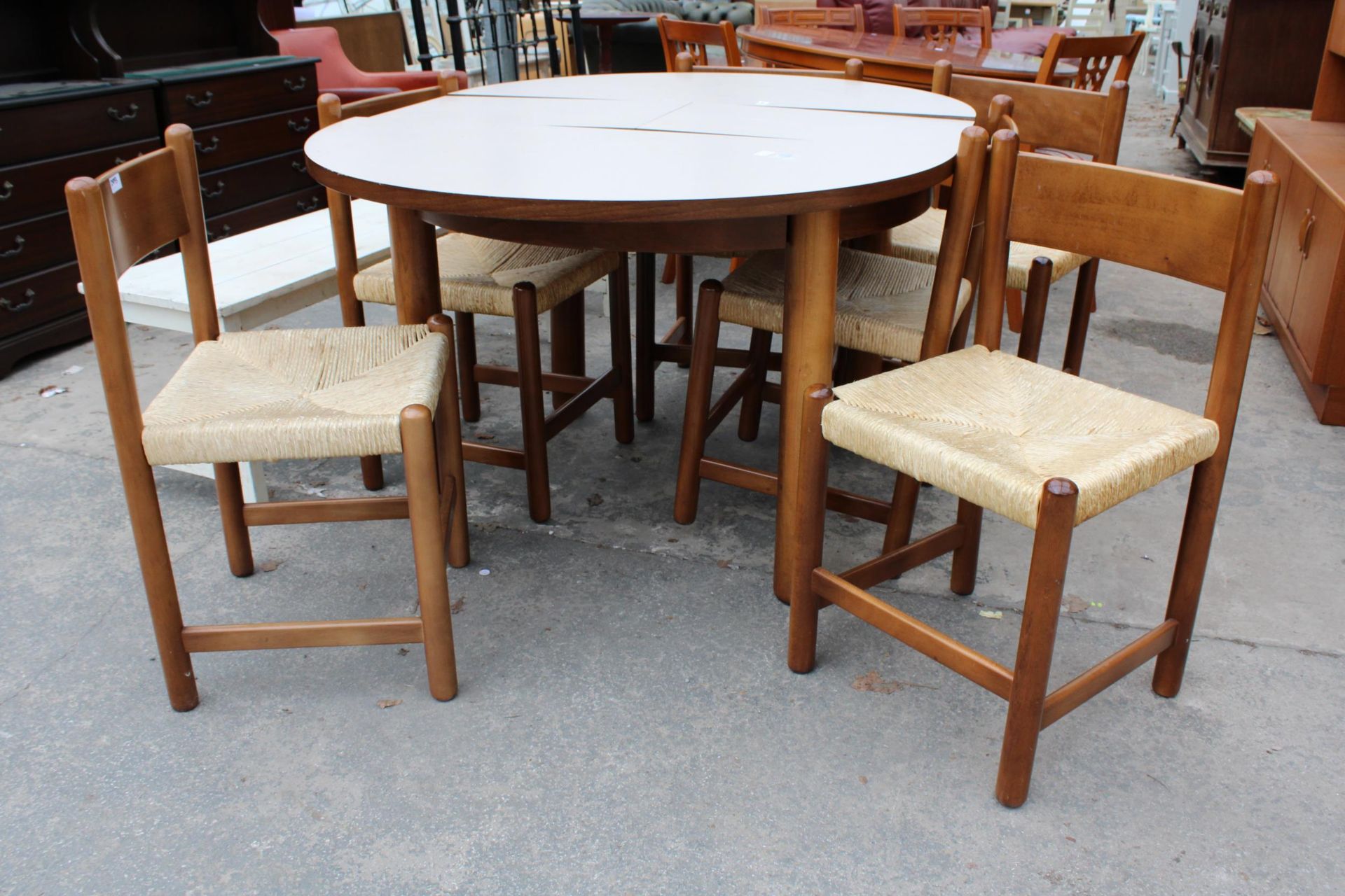 A CHARLOTTE PERRIAND STYLE DINING TABLE 43" DIAMETER (LEAF14") AND SIX MERIBEL STYLE DINING CHAIRS - Image 3 of 3