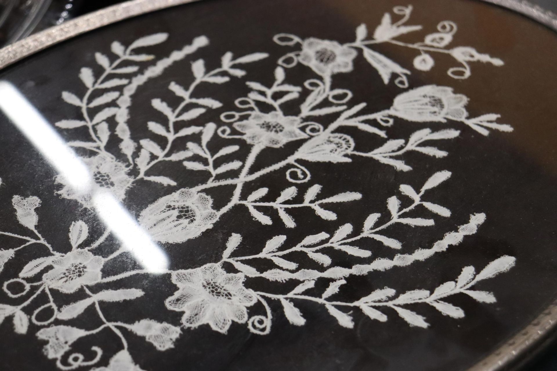 FIVE SILVER PLATE TRAYS ONE WITH AN EMBROIDERED INLAY - Image 10 of 11