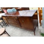 A MAHOGANY STRONGBOW FURNITURE SIDEBOARD ENCLOSING FOUR DRAWERS AND TWO CUPBOARDS, 72" WIDE