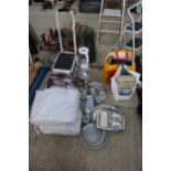 AN ASSORTMENT OF ITEMS TO INCLUDE STAINLESS STEEL SERVING TRAYS, A KITCHEN STEP AND A JUICER ETC