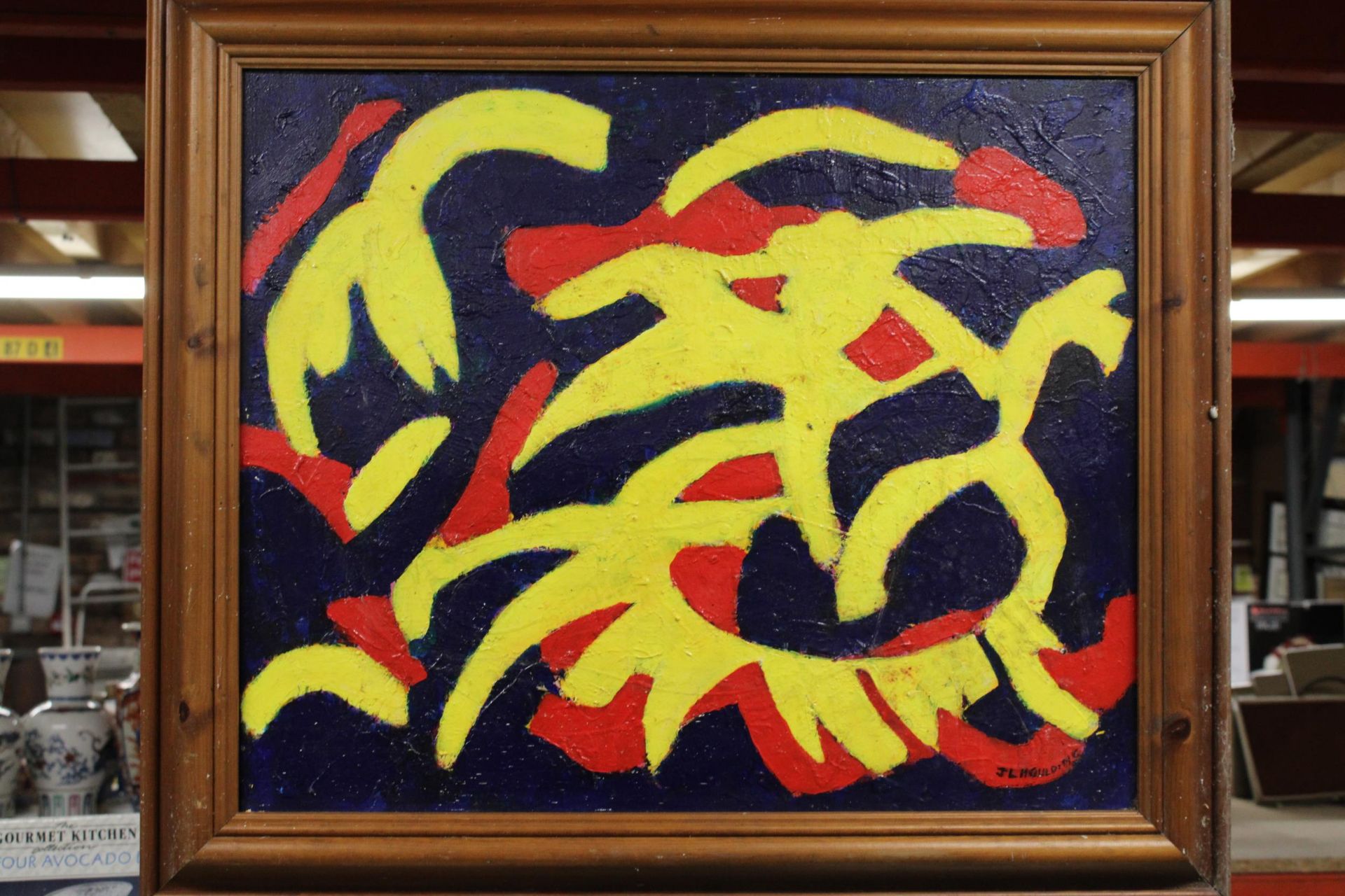 A VIBRANT ABSTRACT OIL ON CANVAS, SIGNED J L HOULDING, FRAMED, 73CM X 62CM