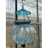 A BLUE GLASS HANGING CANDLE LANTERN MARKED 'VAL SYLAMBLRI BEST CRYSTAL GLASS MADE IN BELGIUM'