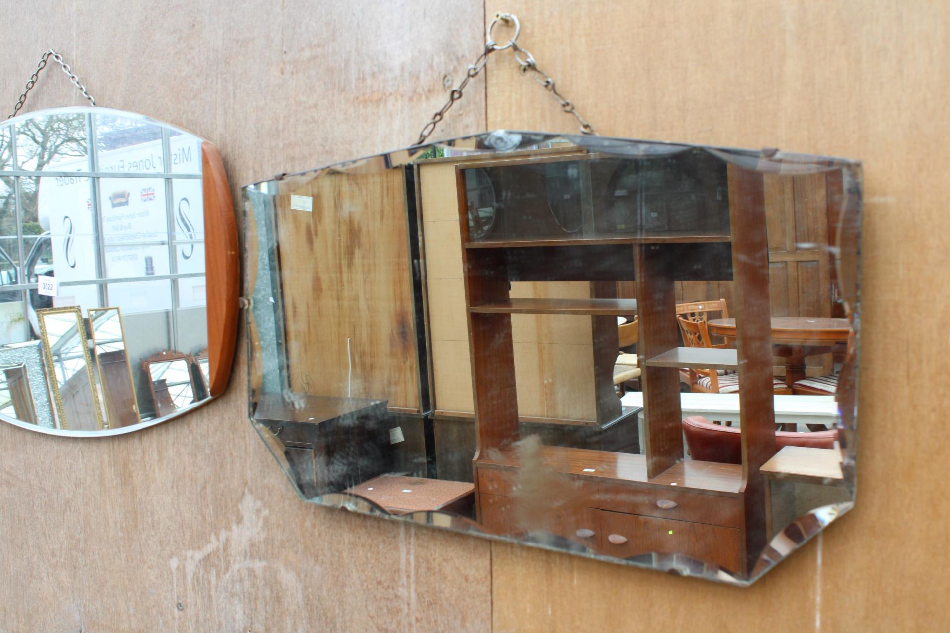 A RETRO WALL MIRROR WITH TEAK EDGES AND A FRAMELESS WALL MIRROR - Image 2 of 2