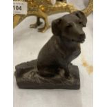 A STONE FIGURE OF A DOG WITH A BRONZED FINISH, HEIGHT 10CM