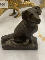 A STONE FIGURE OF A DOG WITH A BRONZED FINISH, HEIGHT 10CM