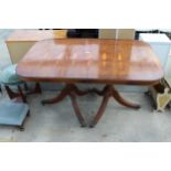 A MODERN YEW WOOD TWIN PEDESTAL DINING TABLE