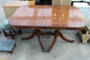 A MODERN YEW WOOD TWIN PEDESTAL DINING TABLE