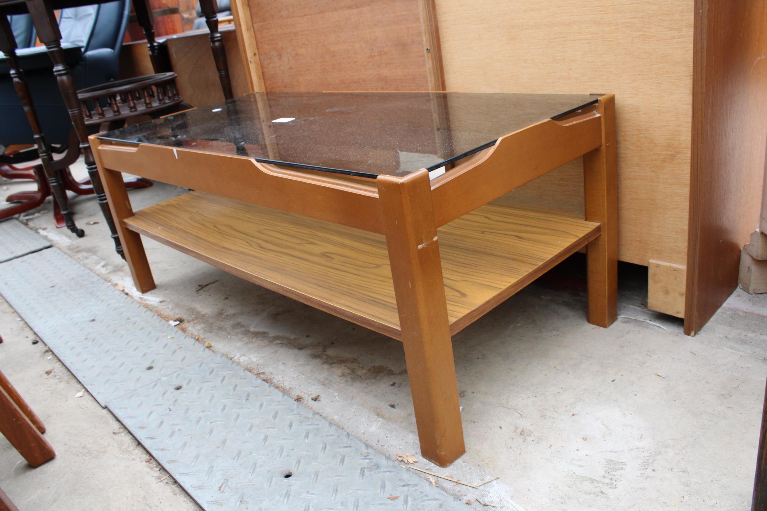 A RETRO TEAK TWO TIER COFFEE TABLE WITH SMOKED GLASS TOP - Image 2 of 2