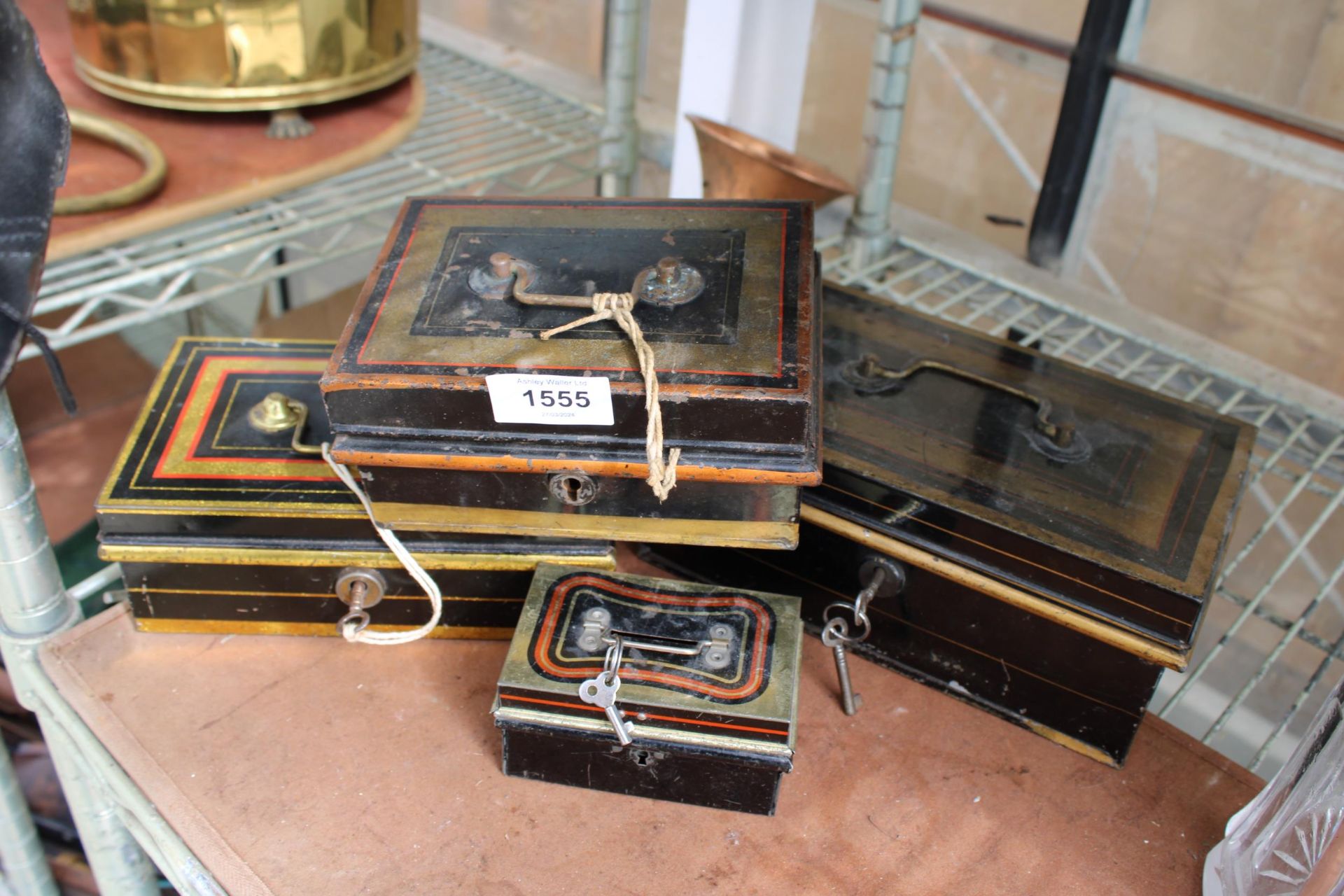 FOUR VARIOUS VINTAGE METAL CASH TINS ALL COMPLETE WITH KEYS