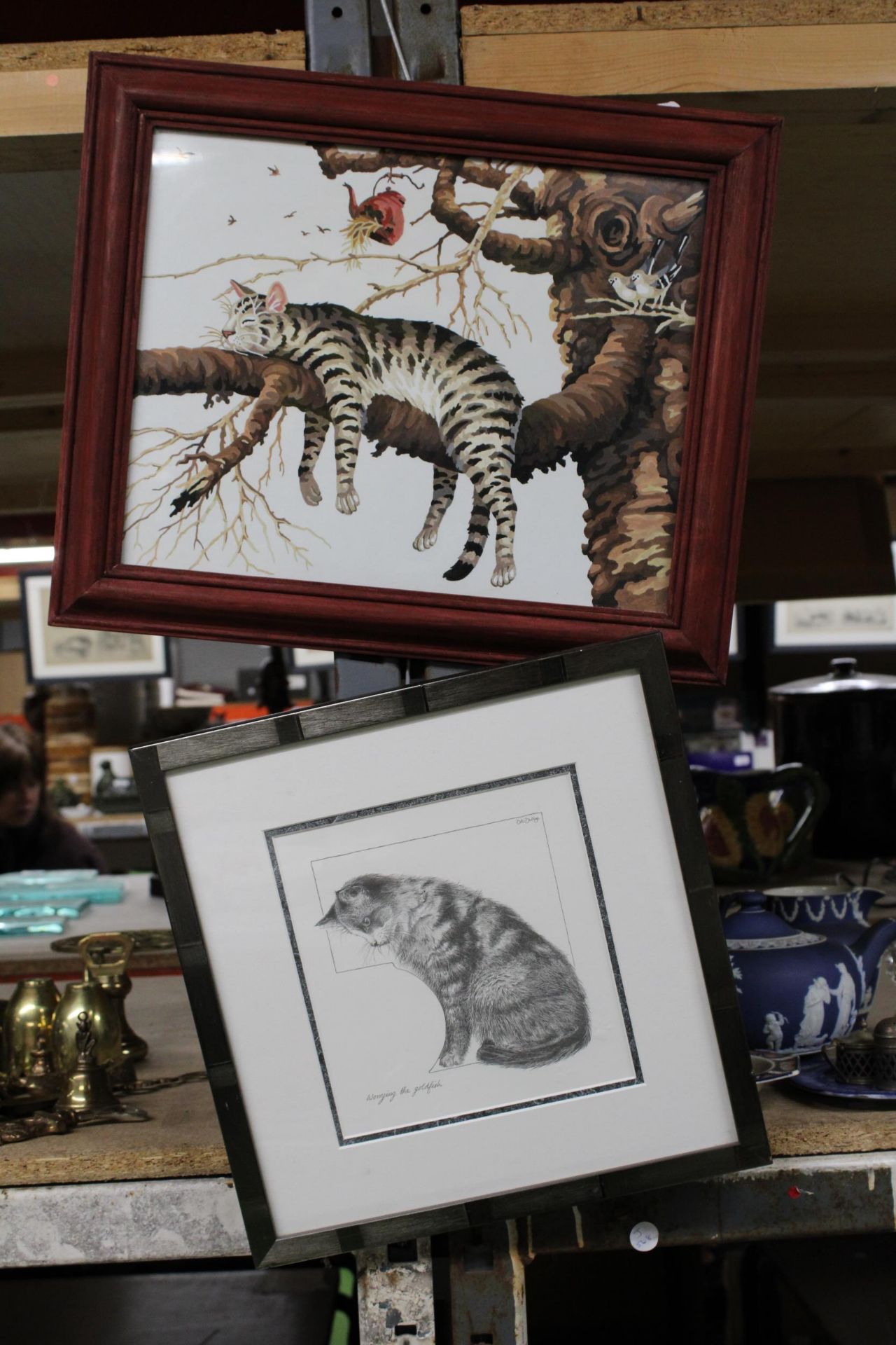 A WATERCOLOUR OF A TABBY CAT IN A TREE PLUS A PRINT OF A CAT, 'WORRYING THE GOLDFISH'