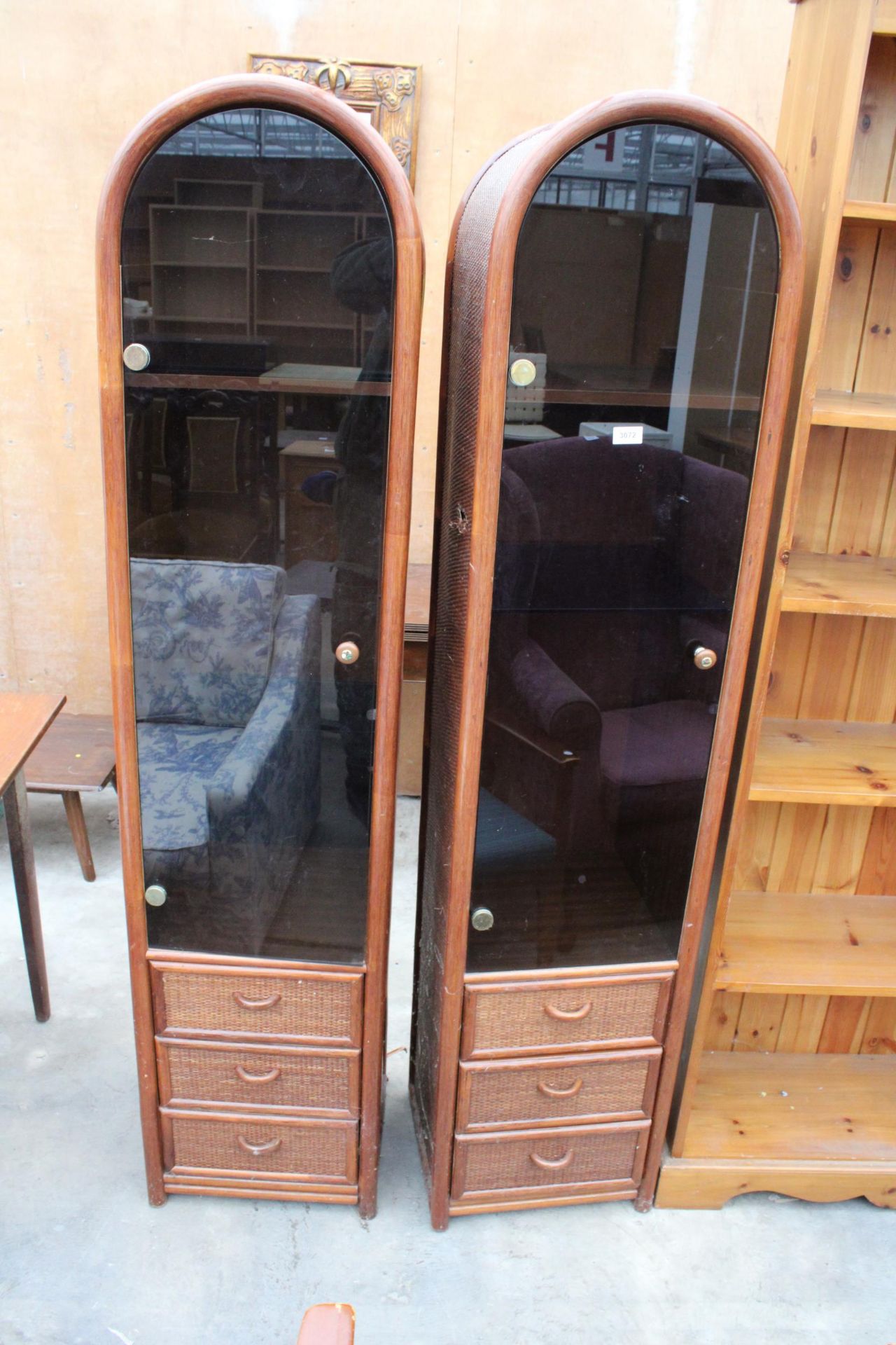 A PAIR OF DOME TOP WICKER DISPLAY CABINETS WITH SMOKED GLASS DOORS 16" WIDE EACH - Image 2 of 4