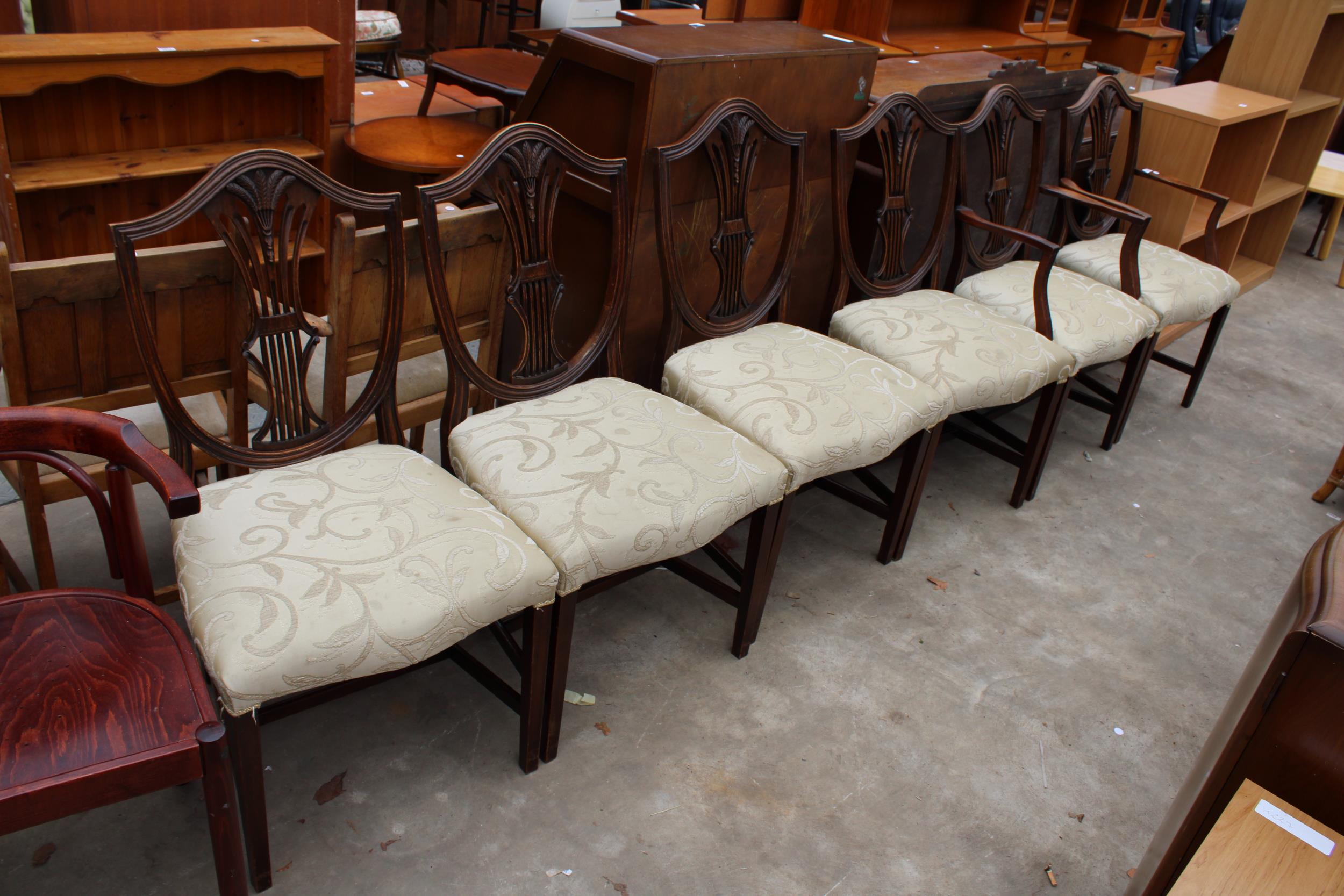 A SET OF SIX HEPPLEWHITE STYLE DINING CHAIRS TWO BEING CARVERS