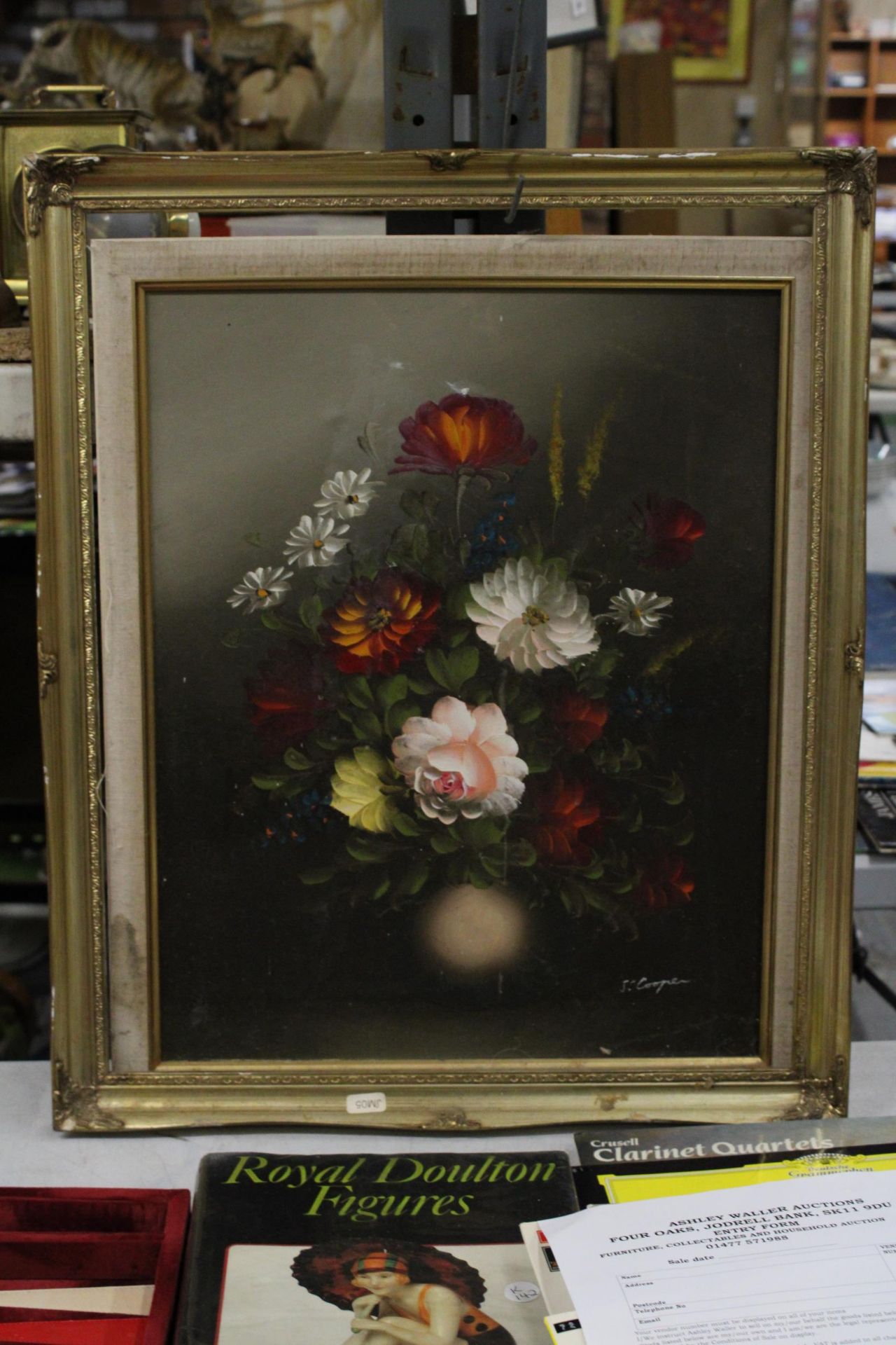 A STILL LIFE OIL ON CANVAS, SIGNED J COOPER, WITH GILT FRAME - FRAME NEEDS ATTENTION