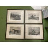 A SET OF FOUR HUNTING SCENCE RELATED ENGRAVED PRINTS TO INCLUDE, CLEARING THE FENCE, FOX BREAKING