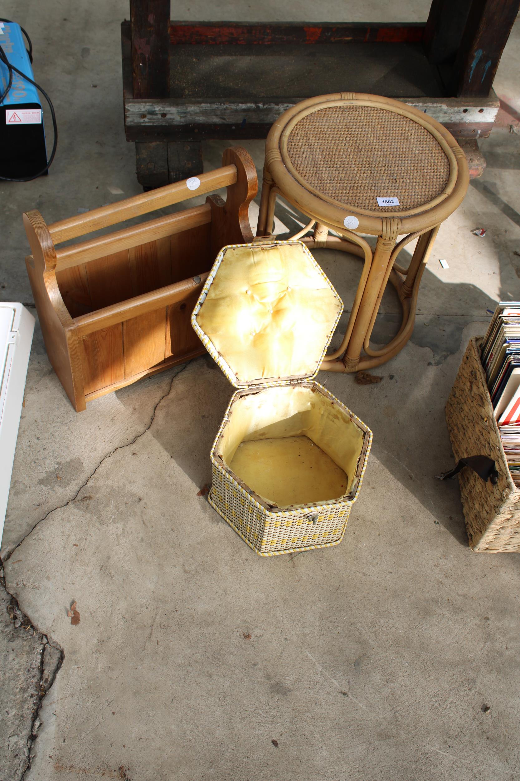 A BAMBOO STOOL, APINE MAGAZINE RACK AND A SEWING BOX