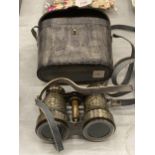 A PAIR OF BRASS BINOCULARS IN A LEATHER CASE
