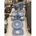 A LARGE QUANTITY OF WEDGWOOD JASPERWARE POWDER BLUE TO INCLUDE TRINKET BOXES, VASES, PIN DISHES,