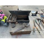 TWO VINTAGE WOODEN TOOL CHESTS WITH AN ASSORTMENT OF TOOLS TO INCLUDE CLAMPS, CHISELS AND BRACE