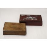 A VINTAGE OAK BOX WITH BRASS ESCUTCHEON, PLUS AN ORIENTAL STYLE WITH MOTHER OF PEARL DECORATION