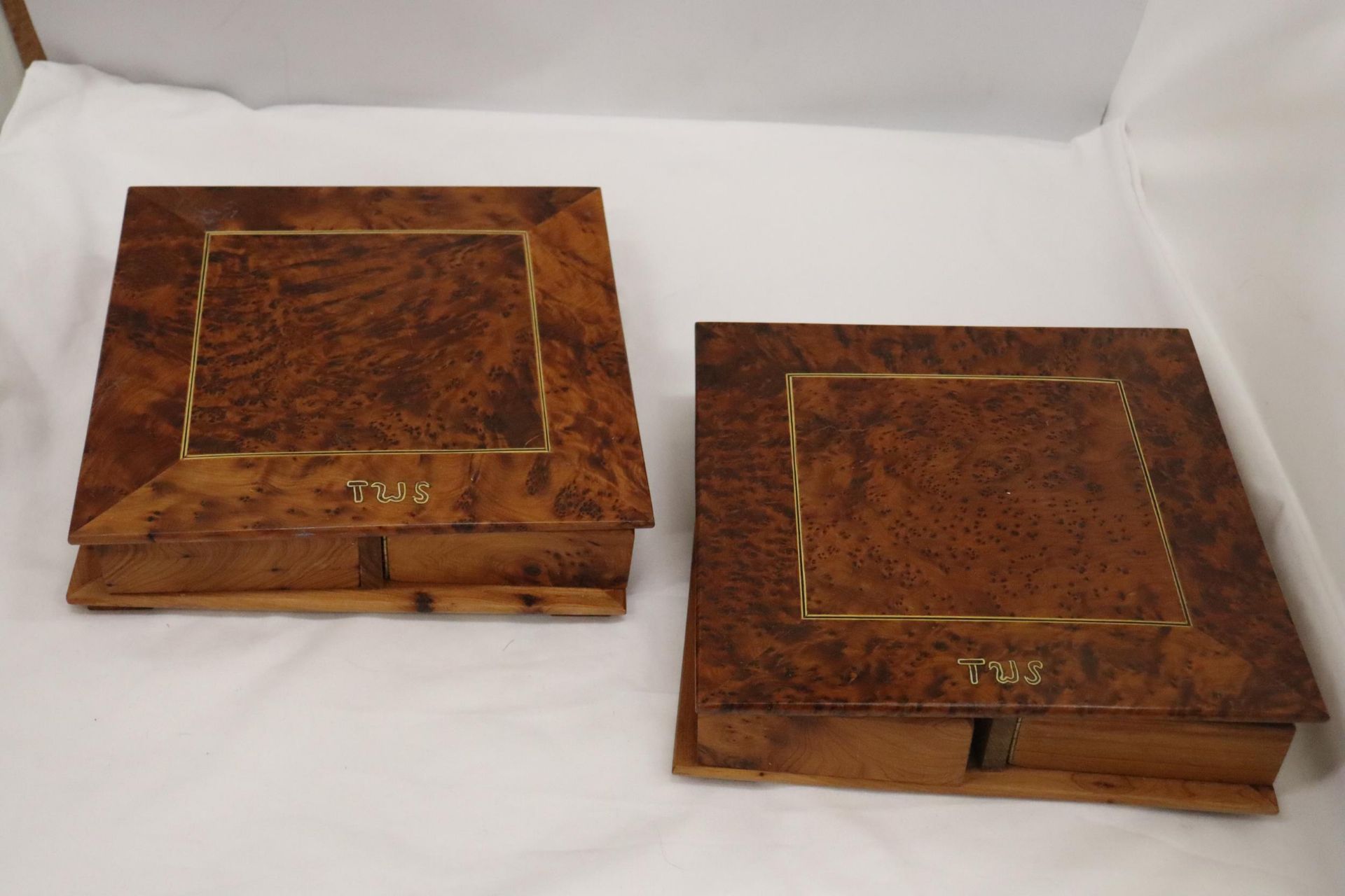 TWO THUYA WOODEN BOXES WITH FOUR COMPARTMENTS