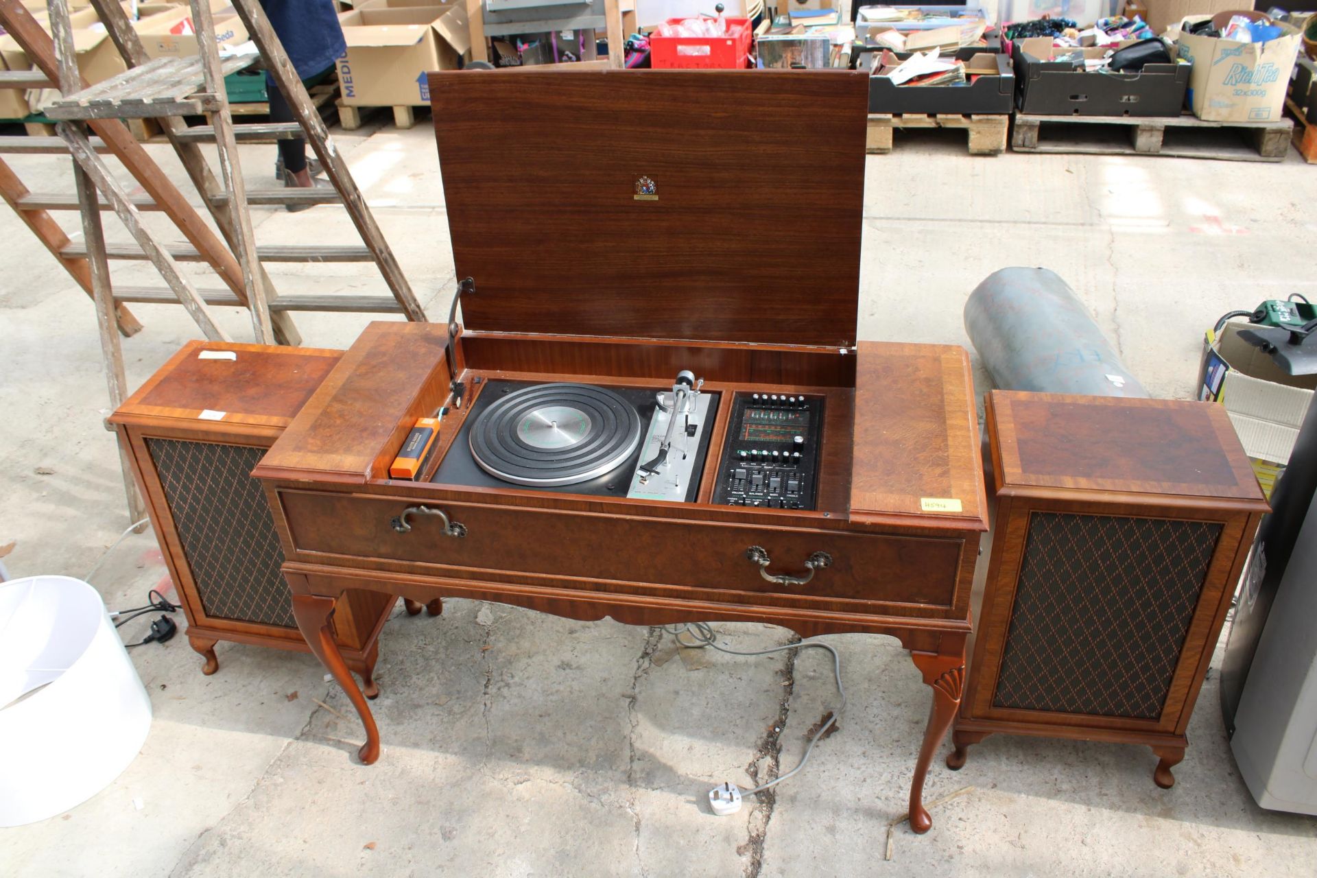 A VINTAGE MID CENTURY RADIOGRAM WITH A DRAYTON DECK AND SPEAKERS