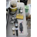AN ASSORTMENT OF FASHION WATCHES AND TWO POCKET WATCH CHAINS ETC
