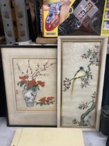 TWO ORIENTAL FRAMED PRINTS - ONE ON SILK