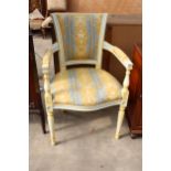 A CONTINETAL 19TH CENTURY STYLE OPEN ARMCHAIR WITH TURNED LEGS AND UPRIGHTS
