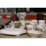 A COLLECTION OF ROYAL COMMEMORATIVE WARE TO INCLUDE CUPS AND BOWLS PLUS CERAMIC PLATES, A PEWTER