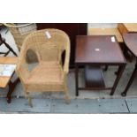 A WICKER CONSERVATORY CHAIR AND OAK TWO TIER OCCASIONAL TABLE